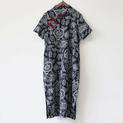 Mythstone Blue White Flower Frog-button Cheongsam Dresses Short Sleeve Linen Dresses With Pockets