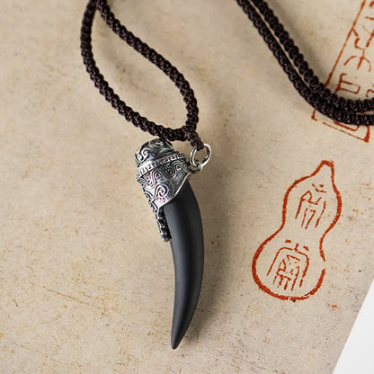 Mythstone 925 Sterling Silver Black Obsidian Wolf Tooth Pattern Strength Necklace Pendant