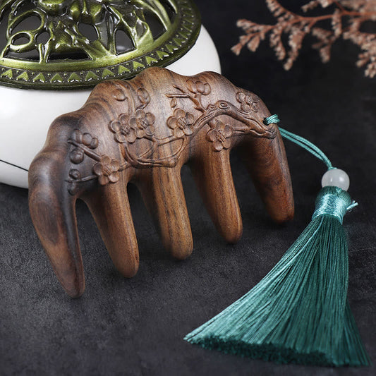 Mythstone Green Sandalwood Plum Blossom Flowers Lotus Koi Fish Engraved Soothing Tassel Comb