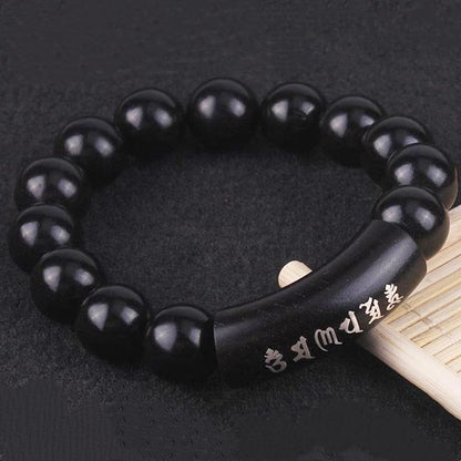 MythStone 999 Sterling Silver Ebony Wood Om Mani Padme Hum Inlaid Balance Bracelet