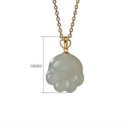 Mythstone 925 Sterling Silver Hetian White Jade Cute Cat Paw Luck Necklace Pendant