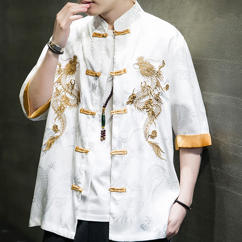 Mythstone Frog-Button Chinese Dragon Embroidery Half Sleeve Shirt Linen Men Clothing