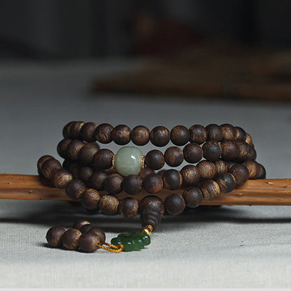 108 Mala Beads Nha Trang Bai Qinan Agarwood Jade 999 Gold Peace Bracelet