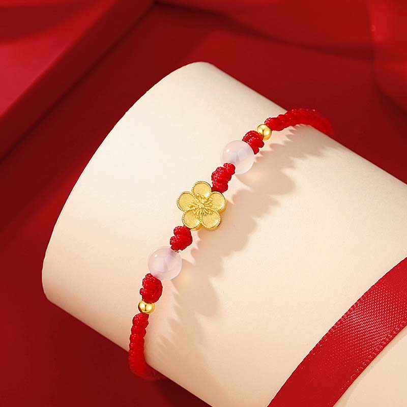 Mythstone Handmade 925 Sterling Silver Peach Blossom Cherry Sakura Chalcedony Bead Luck Red Rope Bracelet