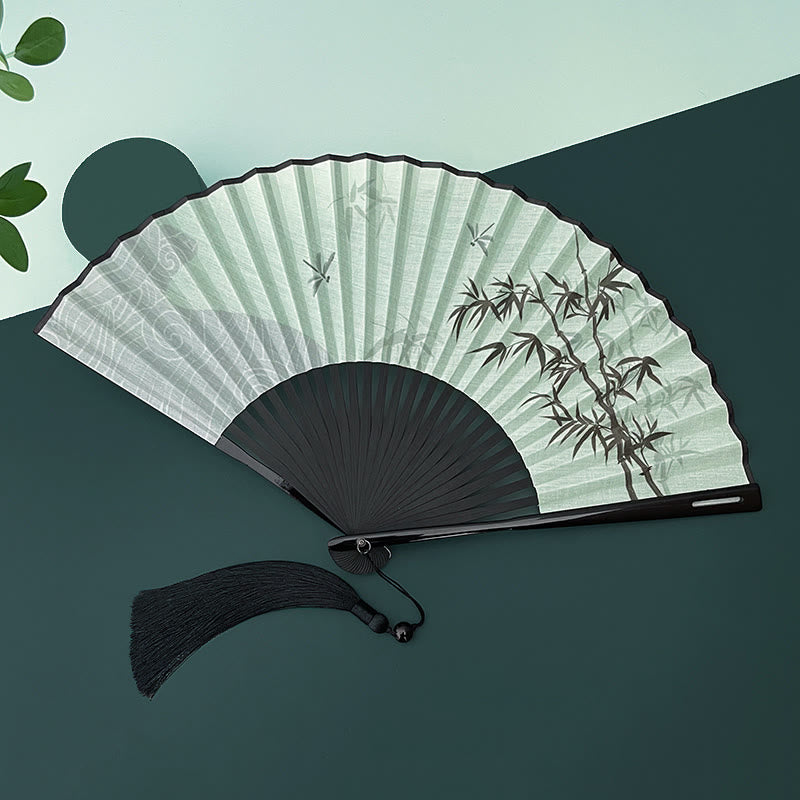 Mythstone Bamboo Koi Fish Crane Handheld Cotton Linen Folding Fan