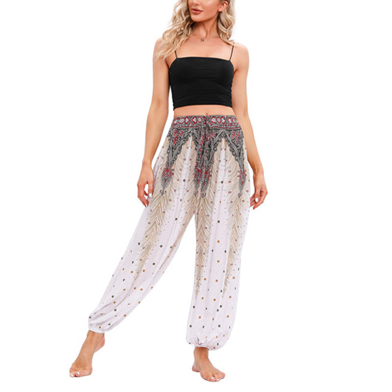 Mythstone Peacock Feather Pattern Loose Harem Trousers Women's Yoga Pants