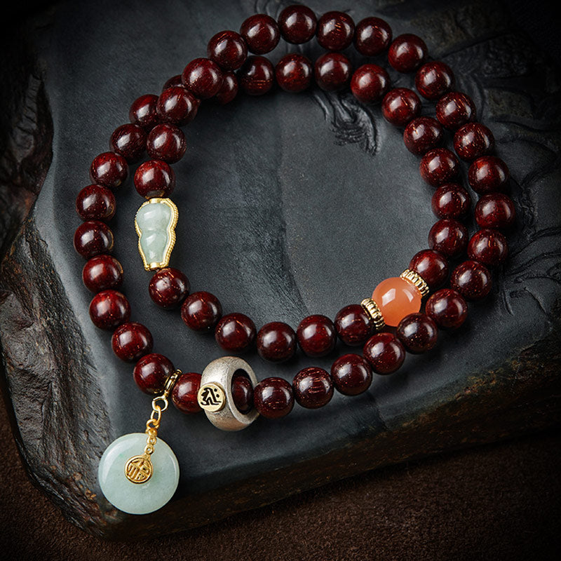 Mythstone Chinese Zodiac Natal Buddha Small Leaf Red Sandalwood Jade Red Agate PiXiu Sooth Bracelet