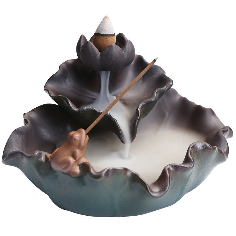 Mythstone Lotus Flower Leaf Frog Butterfly Pattern Healing Ceramic Incense Burner Decoration