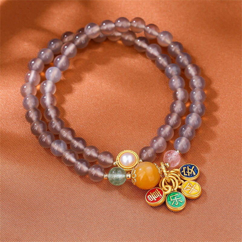 Mythstone Natural Gray Agate Peace And Joy Charm Balance Double Wrap Bracelet