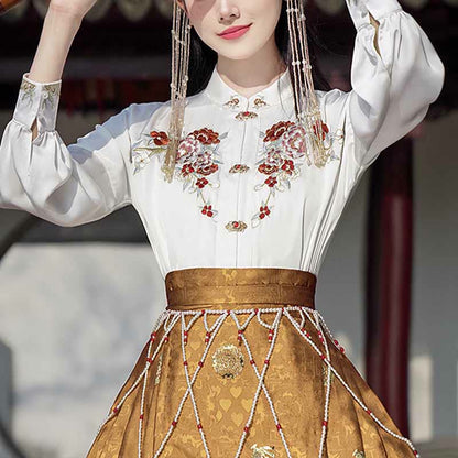 Mythstone Golden Flower Phoenix Embroidery Long Sleeve Shirt Top Chinese Hanfu Ming Dynasty Horse Face Skirt Mamianqun Skirt