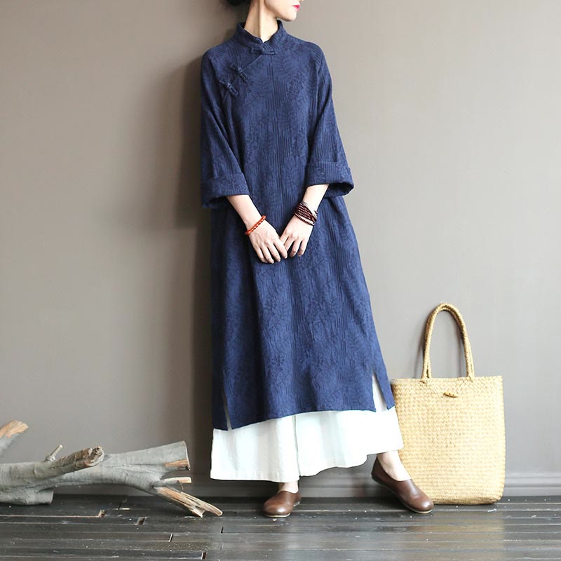 Mythstone Flower Jacquard Midi Dress Long Sleeve Cotton Linen Dress Wide Leg Pants With Pockets