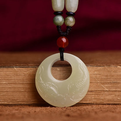 Mythstone White Jade Double Koi Fish Carved Prosperity Success Necklace Pendant