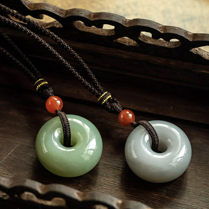 Mythstone Natural Round Jade Gray Jade Peace Buckle Luck Necklace Pendant