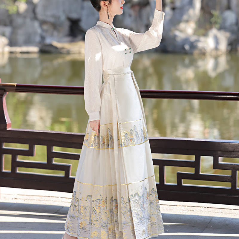 Mythstone Beige A Panorama of Rivers and Mountains Printed Chinese Hanfu Horse Face Skirt Mamianqun