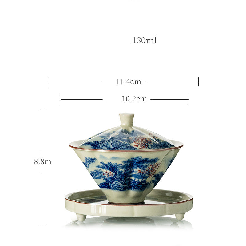 Mythstone Pine Mountain Forest Landscape Ceramic Gaiwan Sancai Teacup Kung Fu Tea Cup And Saucer With Lid