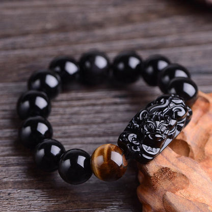 Pulsera de fuerza de ojo de tigre PiXiu con obsidiana negra natural Mythstone 