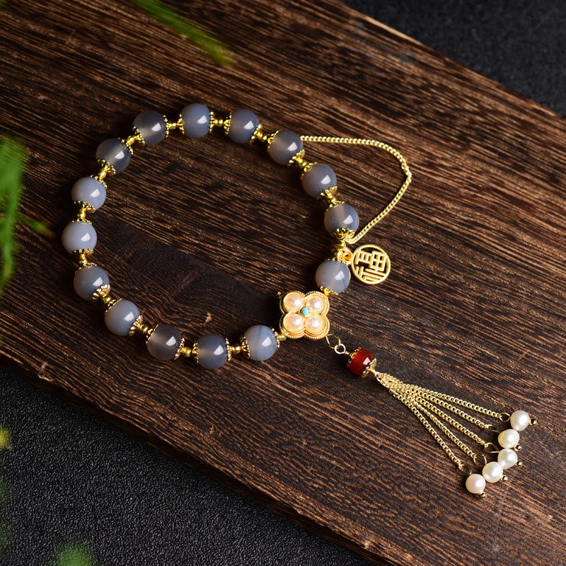 Mythstone Natural Gray Agate Fu Character Pearl Tassel Balance Bracelet