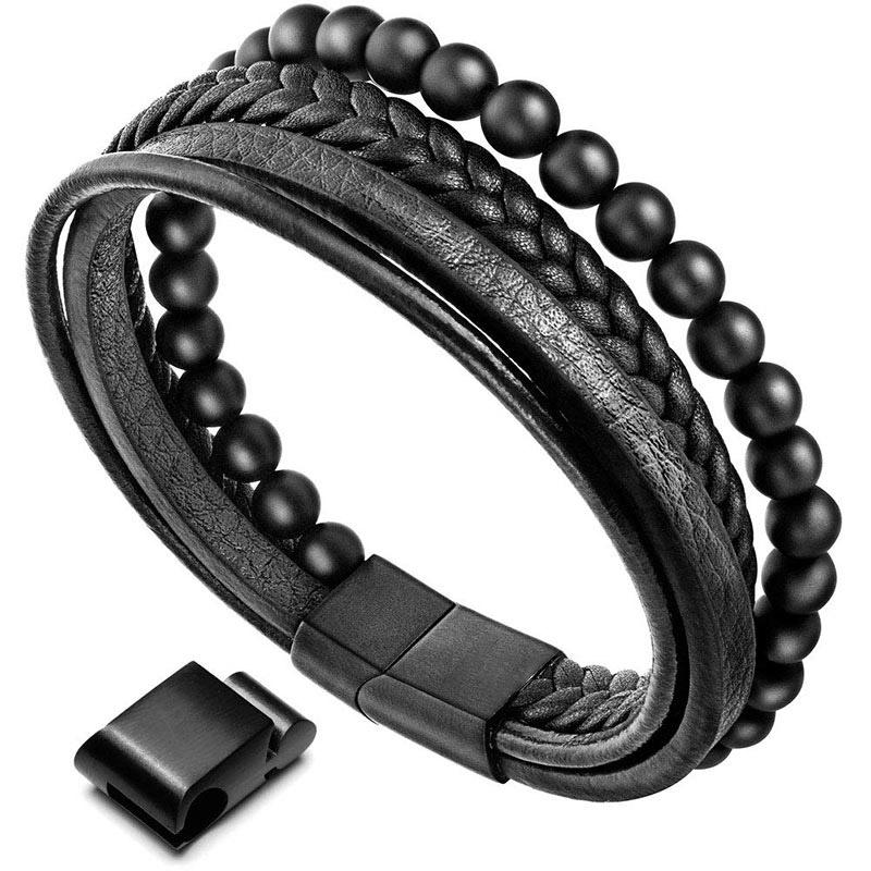 MythStone Natural Lava Rock Black Onyx Bead Leather Bracelet