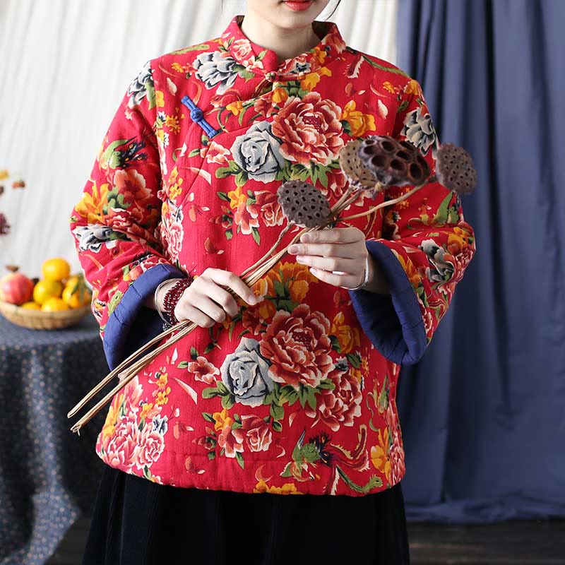 Mythstone Flowers Cotton Linen Jacket Shirt Chinese Northeast Style Winter Clothing