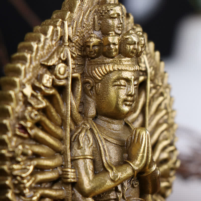 Mythstone Chenrezig Thousand-handed Avalokitesvara Figurine Double-sided Kuan Yin Bodhisattva Protection Solid Copper Statue Decoration