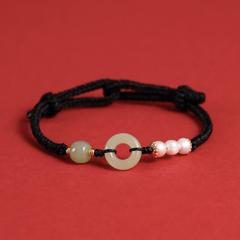 Mythstone Natural Hetian Jade Pearl Peace Buckle Luck Bracelet