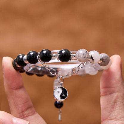 Mythstone Silver Sheen Obsidian Crackle Clear Quartz Black Rutilated Quartz Yin Yang Lotus Protection Bracelet