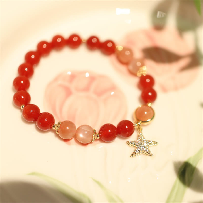 Pulsera de la riqueza con piedra solar, piedra lunar, melocotón y ágata roja y cristal de estrella