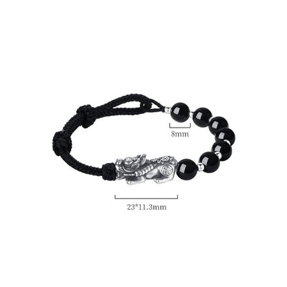 Mythstone 999 Sterling Silver FengShui PiXiu Natural Black Obsidian 925 Sterling Silver Bead Strength Bracelet