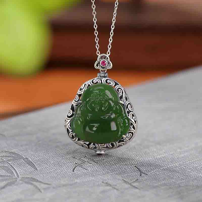 Mythstone 925 Sterling Silver Natural Hetian Cyan Jade Laughing Buddha Auspicious Clouds Success Necklace Pendant Ring Set