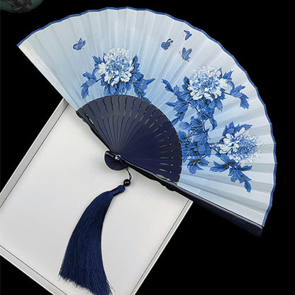 Mythstone Vintage Bamboo Peony Butterfly Lotus Handheld Silk Folding Fan With Bamboo Frames