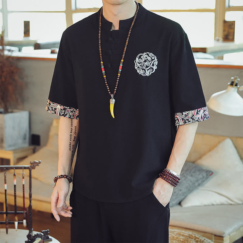 Mythstone Frog-Button Dragon Embroidery Chinese Tang Suit Short Sleeve Shirt Linen Men Clothing