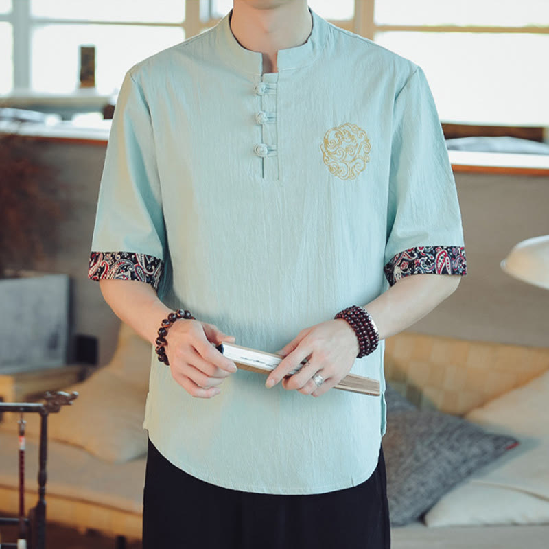 Mythstone Frog-Button Dragon Embroidery Chinese Tang Suit Short Sleeve Shirt Linen Men Clothing