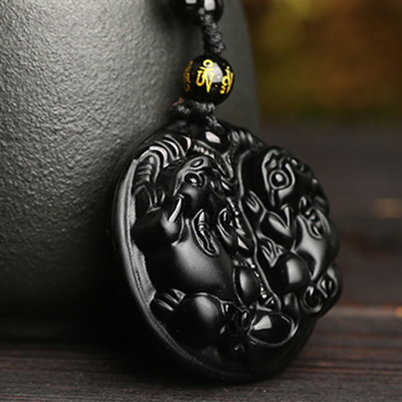 Mythstone Black Obsidian Double Pixiu Bead Rope Purification Necklace Pendant