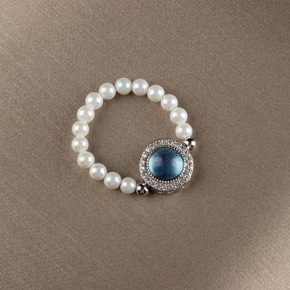 Mythstone 925 Sterling Silver Pearl Blue Chalcedony Healing Chain Bracelet Ring