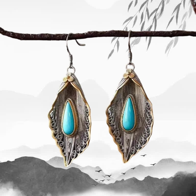 Mythstone 925 Sterling Silver Turquoise Bodhi Leaf Pattern Protection Drop Dangle Earrings