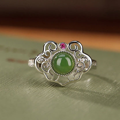 Juego de pendientes y anillo de la suerte con diseño hueco de jade cian hetiano natural en plata de ley 925 de Mythstone