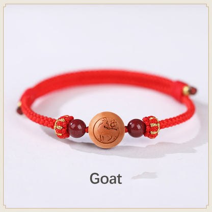 Mythstone Natural Peach Wood Chinese Zodiac Fu Character Carved Cinnabar Wealth Bracelet