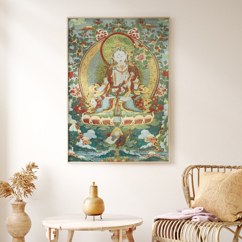 Mythstone Tibetan Silk Embroidery White Tara Thangka Tapestry Wall Hanging Wall Art Meditation for Home Decor