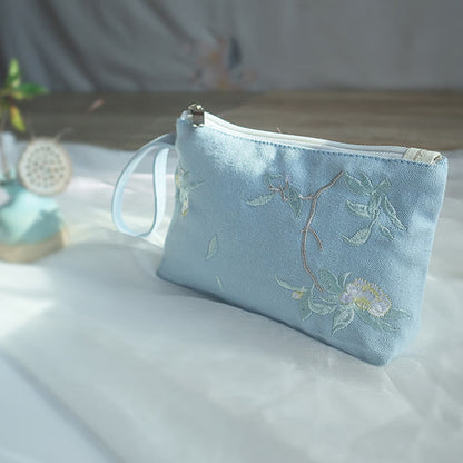 Mythstone Small Flower Plum Cherry Crane Peach Blossom Embroidery Canvas Wallet Shopping Purse