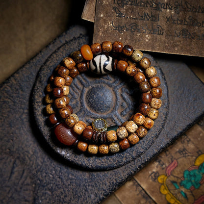 Pulsera de triple vuelta con cuentas de ámbar, dzi, semilla de Bodhi tibetano, ágata y zakiram, diosa de la riqueza