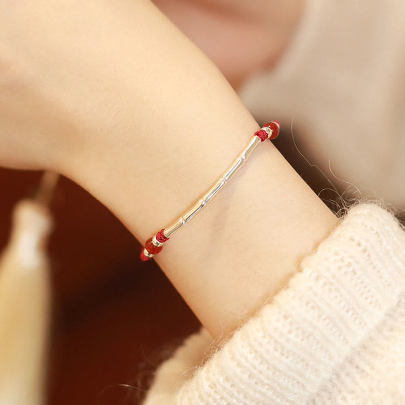 Mythstone 925 Sterling Silver Bamboo White Agate Red Agate Bead Protection String Braided Bracelet