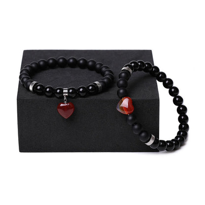 Mythstone 2Pcs Black Onyx Crystal Stone Love Heart Protection Support Couple Bracelet