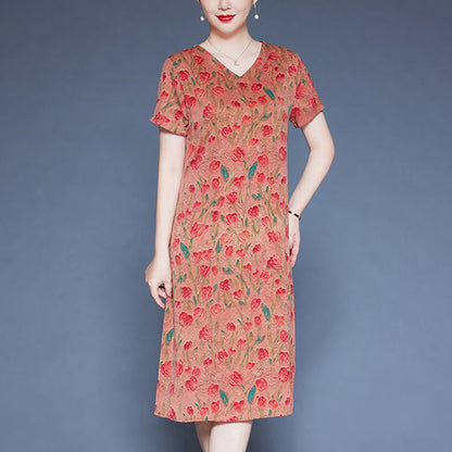 Mythstone V-Neck Tulip Flowers Short Sleeve Midi Dress With Pockets