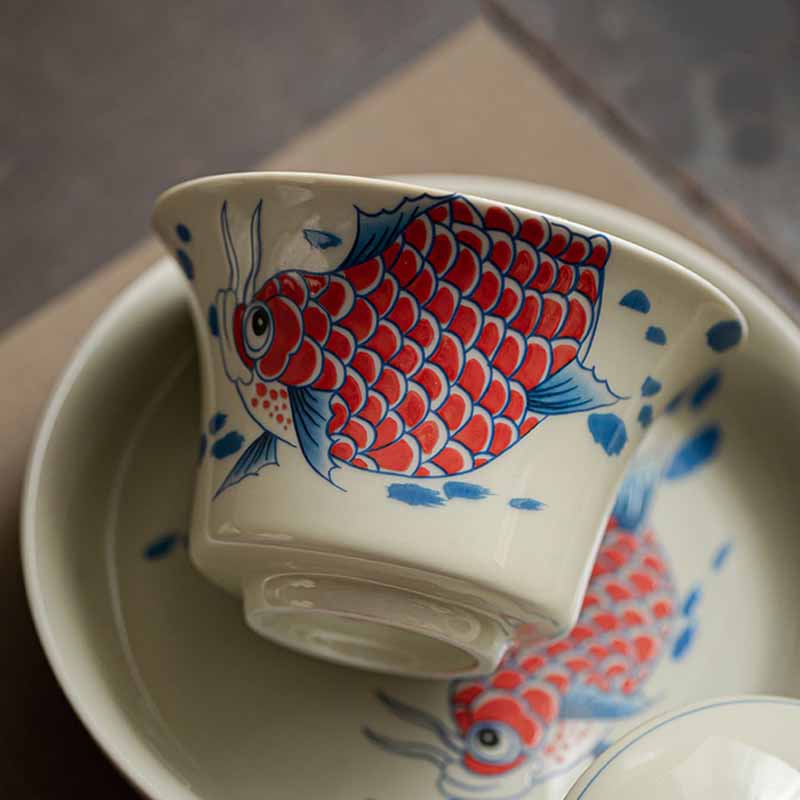 Mythstone Koi Fish Arowana Ceramic Gaiwan Sancai Teacup Kung Fu Tea Cup With Lid 130ml