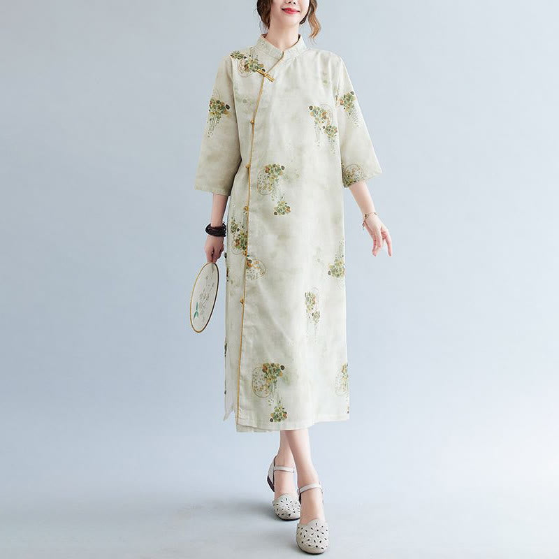 Mythstone Flowers Green Yellow Leaves Print Cheongsam Midi Dress Three Quarter Sleeve Dress With Pockets