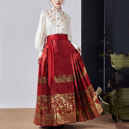 Mythstone Flowers Leaves Feathers Long Sleeve Shirt Top Chinese Hanfu Ming Dynasty Horse Face Skirt Mamianqun Skirt