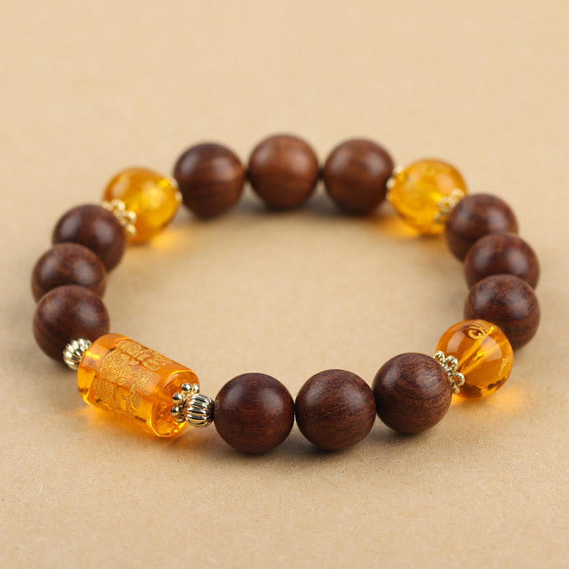 Mythstone Natural Phoebe Zhennan Wood Om Mani Padme Hum God Of Wealth Crystal Protection Bracelet