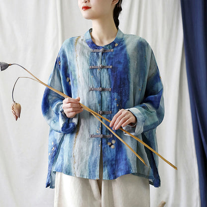 Mythstone Blue White Beige Small Flower Frog-button Design Long Sleeve Ramie Linen Jacket Shirt