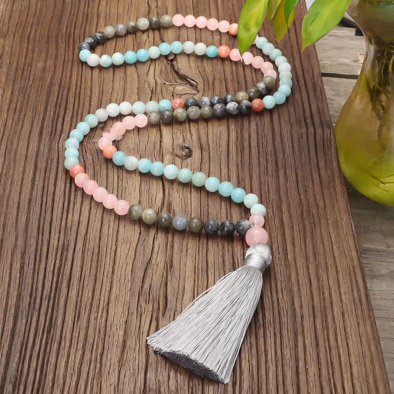 108 Mala Beads Amazonite Black Glitter Stone Positive Tassel Bracelet