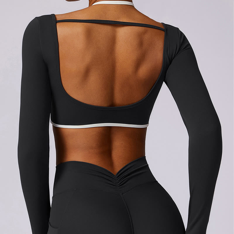 Mythstone Solid Color Halter Neck Bra Long Sleeve Crop Tank Top Pants Sports Fitness Gym Yoga Outfits